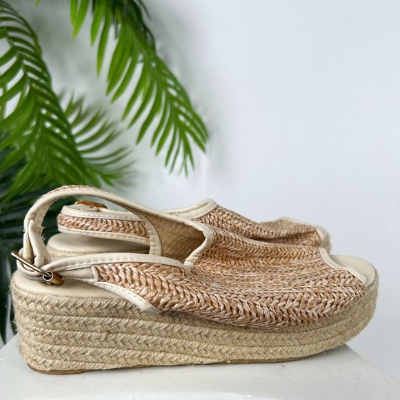 Vintage Beige Woven Boho Beachy Open Toe Chunky Platform Sandals / Size: 7 - Picture 4 of 5